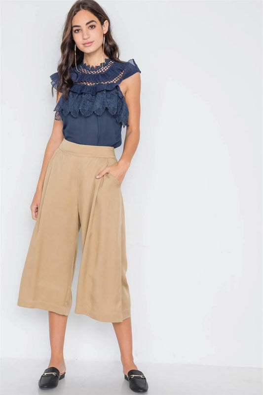 Khaki High Waist Cropped Wide Leg Pants /1-2-2-1 - Tasha Apparel Wholesale