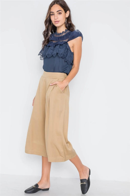 Khaki High Waist Cropped Wide Leg Pants /3-2-1 - Tasha Apparel Wholesale