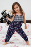 Girls Navy Floral & Plaid Print Back Button Up Detail Sleeveless Jumpsuit /1-1-1-1