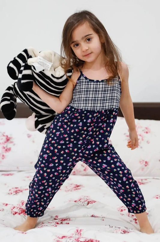 Little Toddler Girls Navy Floral & Plaid Print Back Button Up Detail Sleeveless Jumpsuit - Tasha Apparel Wholesale