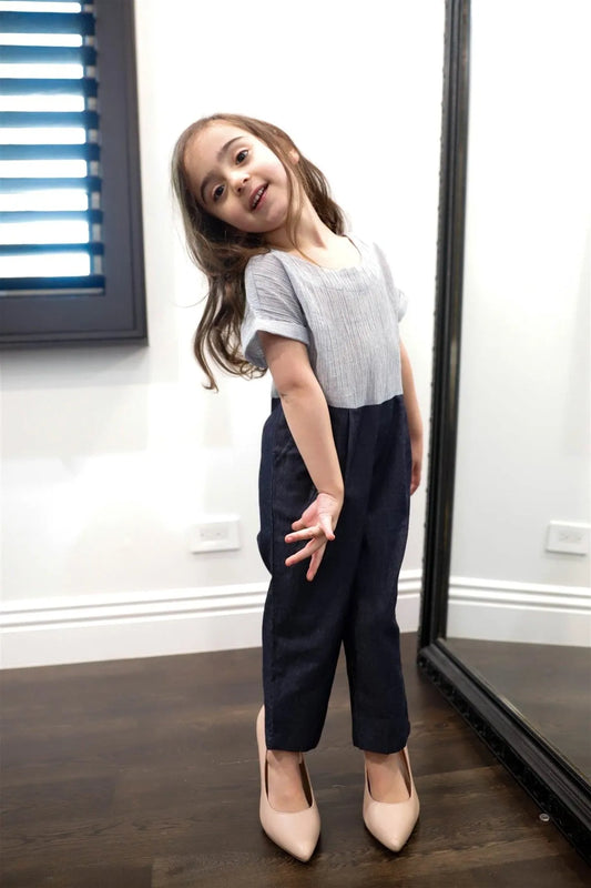 Toddler Girls Navy Stripe Colorblock Back Button Up Detail Jumpsuit /1-1-1-1 - Tasha Apparel Wholesale