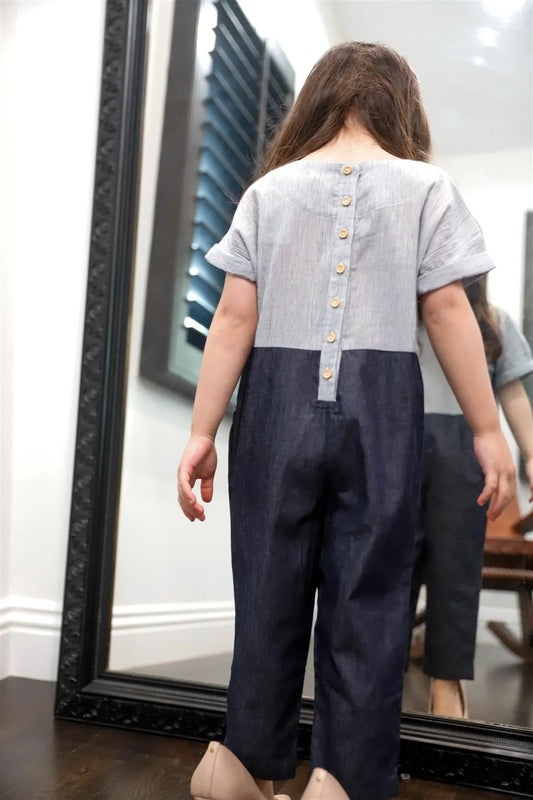 Toddler Girls Navy Stripe Colorblock Back Button Up Detail Jumpsuit /1-1-2 - Tasha Apparel Wholesale