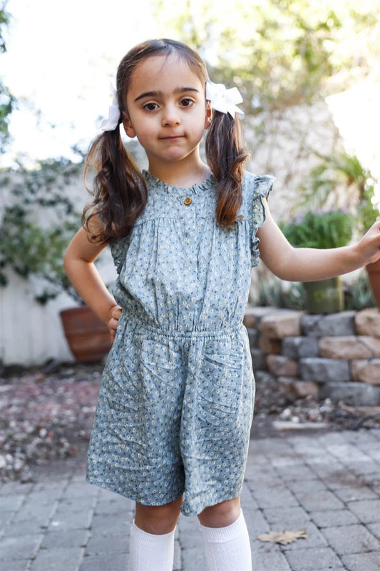 Toddler Girls Blue Daisy Print Button Up Ruffle Details Romper /1-2-2 - Tasha Apparel Wholesale