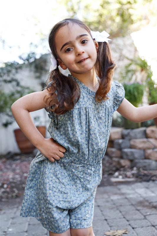 Toddler Girls Blue Daisy Print Button Up Ruffle Details Romper /1-2-2-1 - Tasha Apparel Wholesale