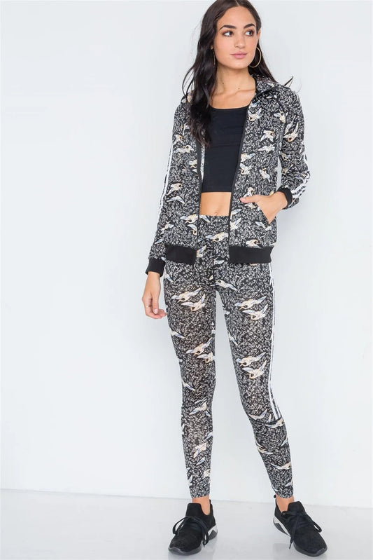 Grey Black Mesh Active Two Piece Legging Jacket Set /2-1 - Tasha Apparel Wholesale