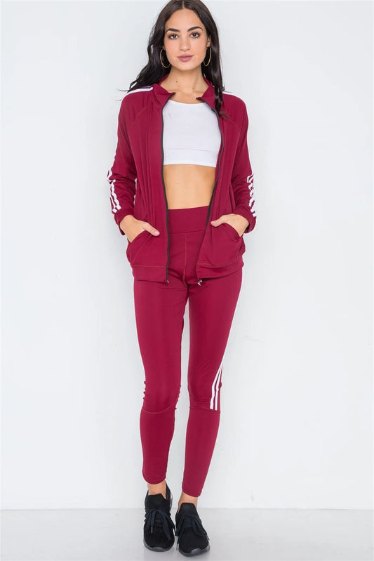 Burgundy White Active Two Piece Legging Jacket Set /5 - Tasha Apparel Wholesale
