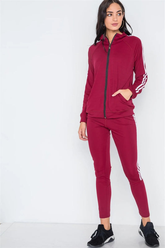 Burgundy White Active Two Piece Legging Jacket Set /6 - Tasha Apparel Wholesale