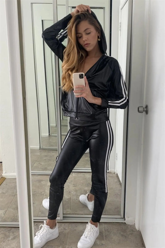 Black White Contrast Trim Set Jacket Leggings /3-2 - Tasha Apparel Wholesale