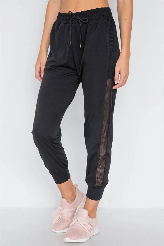 Black Mid-Rise Mash-Paneled Sporty Joggers Pants /3-3 - Tasha Apparel Wholesale