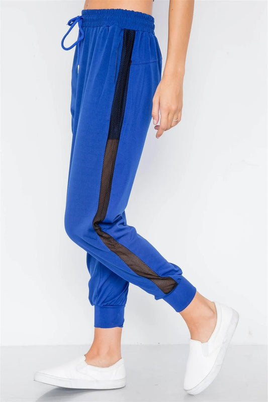 Blue Mid-Rise Mash-Paneled Sporty Joggers Pants - Tasha Apparel Wholesale