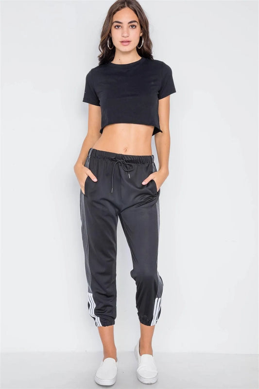 Black Mid-Rise Contrast Trim Sporty Joggers Pants /3-3 - Tasha Apparel Wholesale