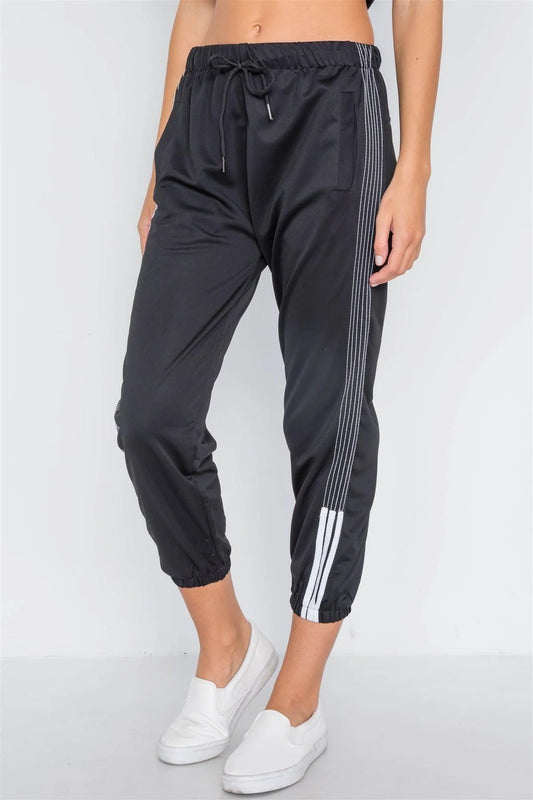 Black Mid-Rise Contrast Trim Sporty Joggers Pants /4-3 - Tasha Apparel Wholesale