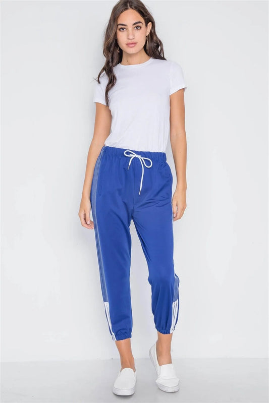 Blue Mid-Rise Contrast Trim Sporty Joggers Pants /3-3 - Tasha Apparel Wholesale
