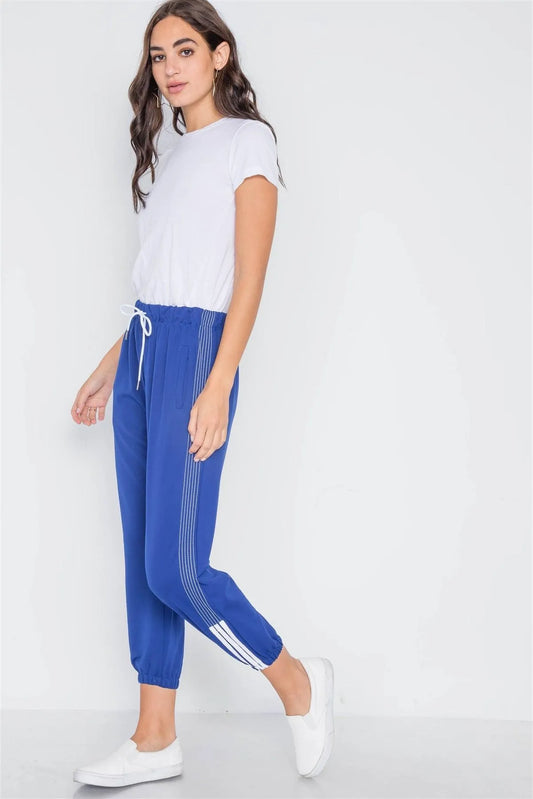 Blue Mid-Rise Contrast Trim Sporty Joggers Pants /3-4 - Tasha Apparel Wholesale