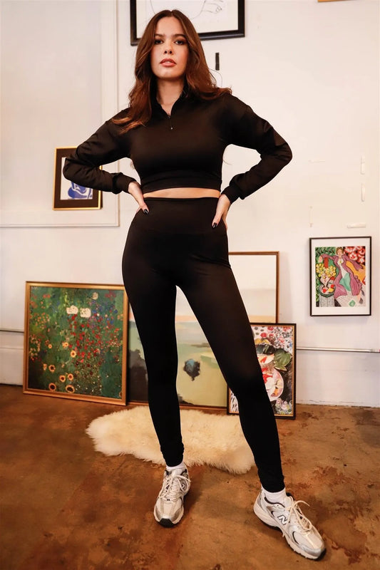 Black Shine Half Zip Front Mock Neck Cropped Top & High Waist Leggings Set /2-2-2 - Tasha Apparel Wholesale