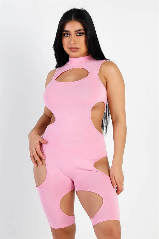 Pink Cut-Out Details Mock Neck Second Skin Romper /2-2-2 - Tasha Apparel Wholesale