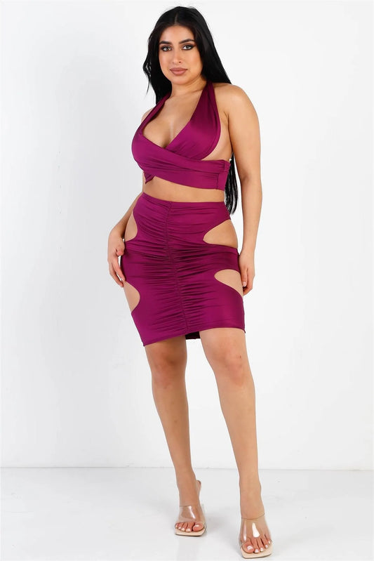 Magenta Wraparound Halter Top & Ruched Side Cut-Out Details Skirt Set - Tasha Apparel Wholesale