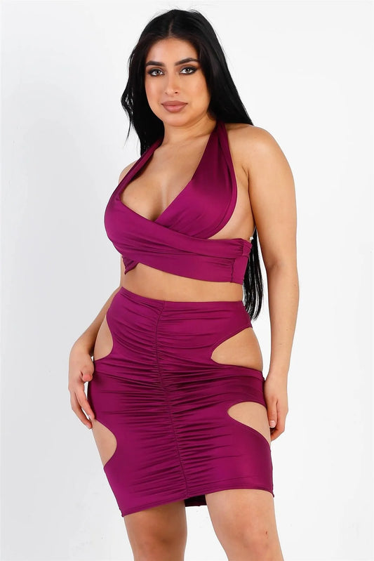 Magenta Wraparound Halter Top & Ruched Side Cut-Out Details Skirt Set /1-2-2 - Tasha Apparel Wholesale