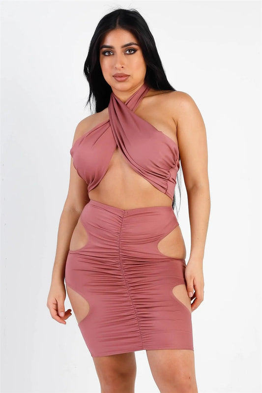 Rose Wraparound Halter Top & Ruched Side Cut-Out Details Skirt Set /1-2-2 - Tasha Apparel Wholesale