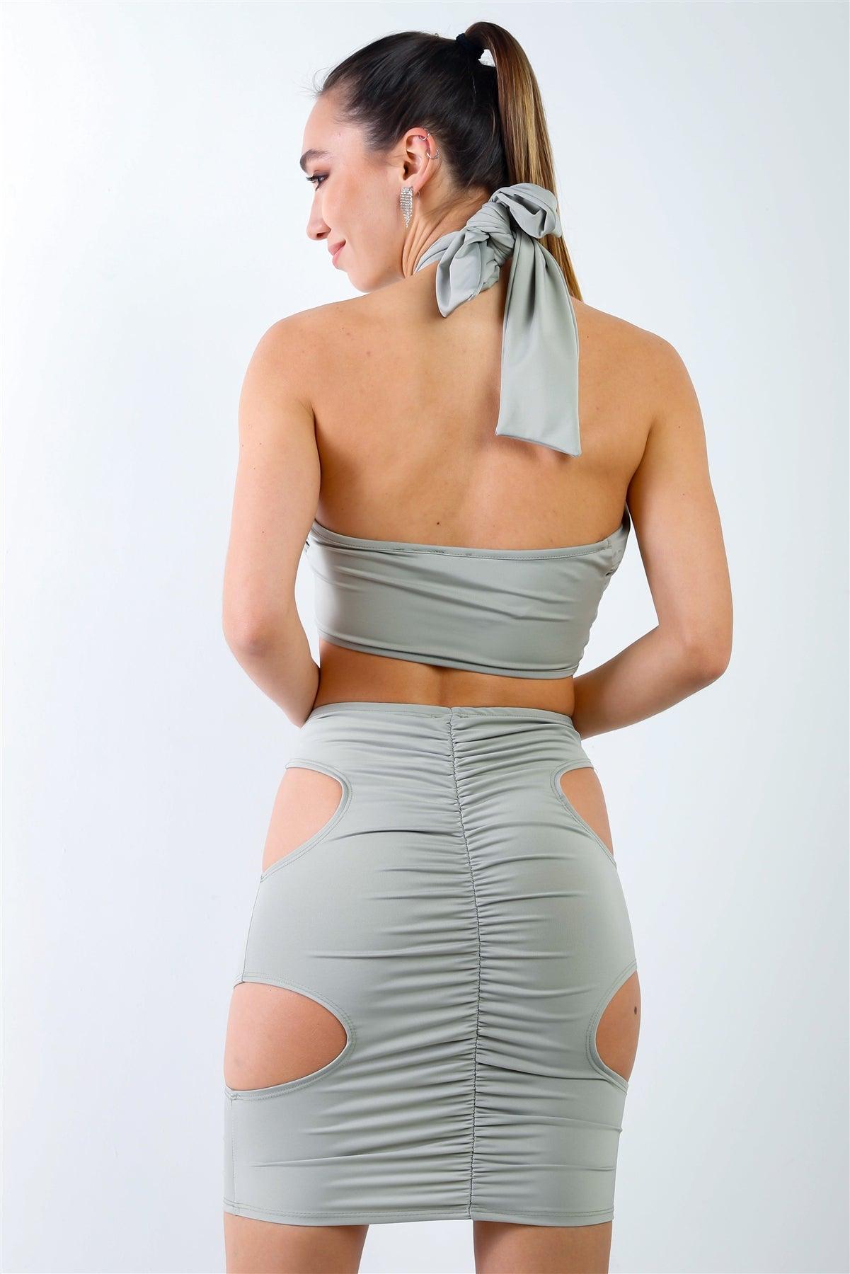 Sage Wraparound Halter Top & Ruched Side Cut-Out Details Skirt Set /2-2-2