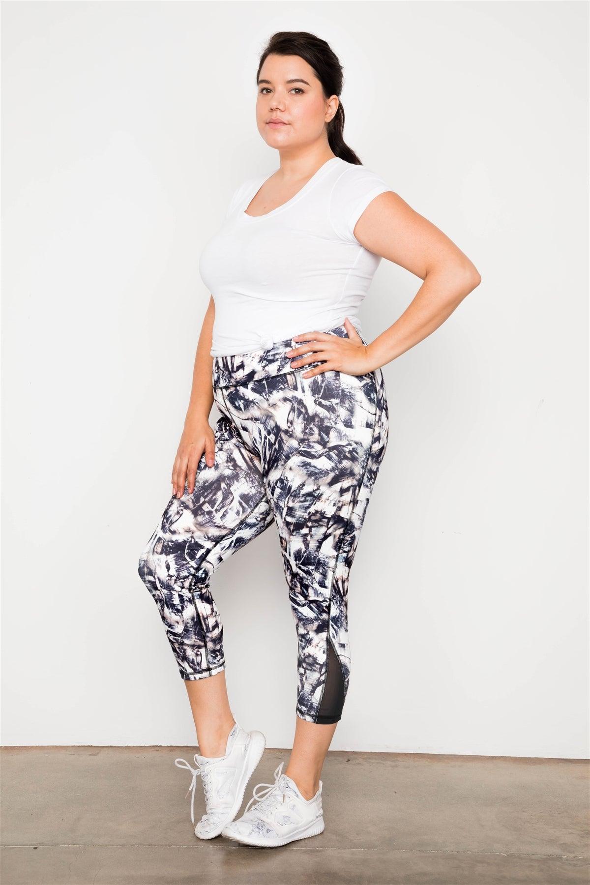 Plus Size Active Athletic Mid Rise Abstract Mesh Leggings / 3-3