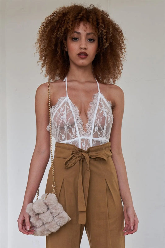 White Floral Lace Stretchy Halter Tie Plunge V-Neck Bodysuit - Tasha Apparel Wholesale