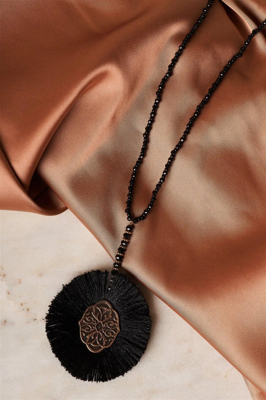 Jet Black Etched Tassel Pendant Necklace /3 Pieces - Tasha Apparel Wholesale
