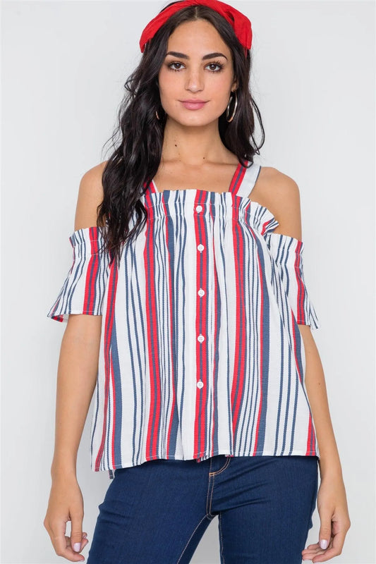 Red Navy Stripe Button Down Cold Shoulder Top /3-2-1 - Tasha Apparel Wholesale