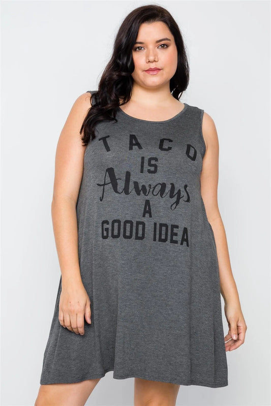 Junior Plus Size Charcoal Graphic Print Sleeveless Tunic Dress /1-2-1 - Tasha Apparel Wholesale