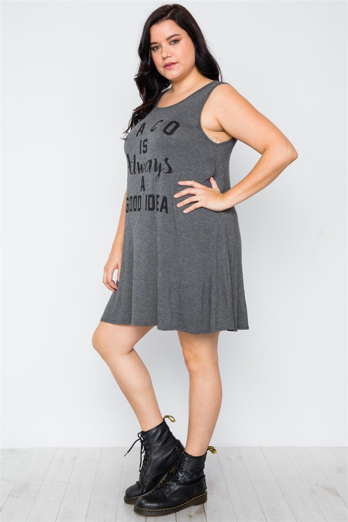 Junior Plus Size Charcoal Graphic Print Sleeveless Tunic Dress /1-2-1