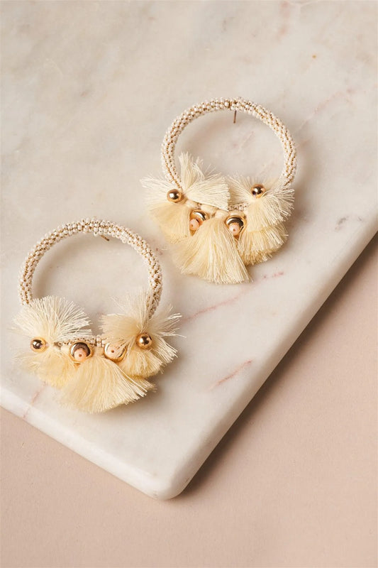 Ivory Beaded Hoop Tassel Earrings /1 Pair - Tasha Apparel Wholesale