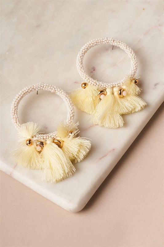 White Yellow Beaded Hoop Tassel Earrings /6 Pairs - Tasha Apparel Wholesale