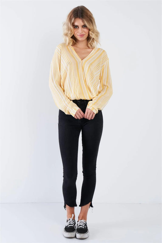 Lemon Yellow Drop & White Stripe V-Neck Top /2-2-1 - Tasha Apparel Wholesale