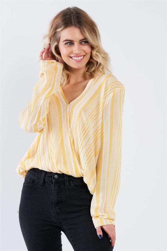 Lemon Yellow Drop & White Stripe V-Neck Top - Tasha Apparel Wholesale