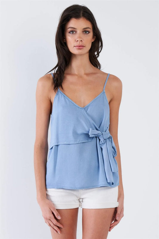 Denim Blue V-Neck Front Bow Adjustable Cami Top /2-2-1 - Tasha Apparel Wholesale