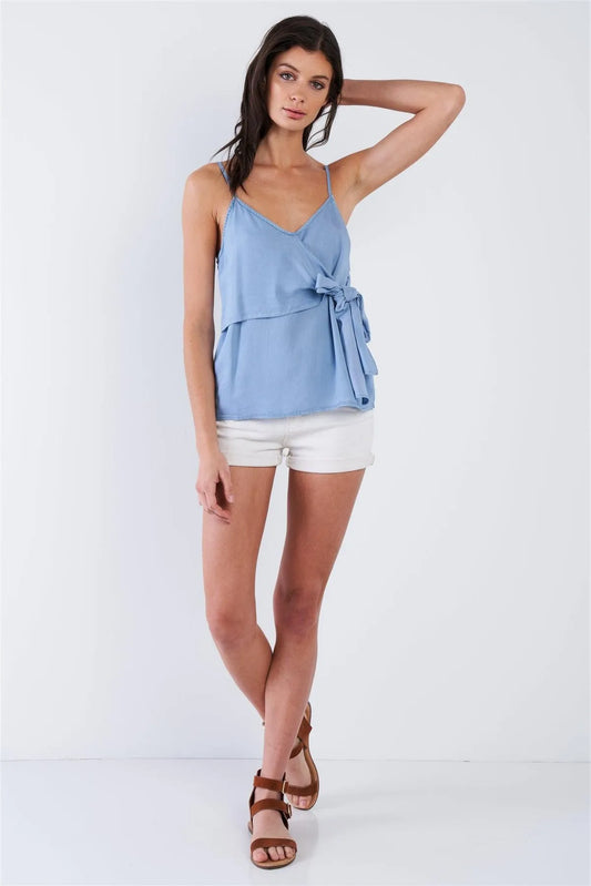 Denim Blue V-Neck Front Bow Adjustable Cami Top /3-2-1 - Tasha Apparel Wholesale