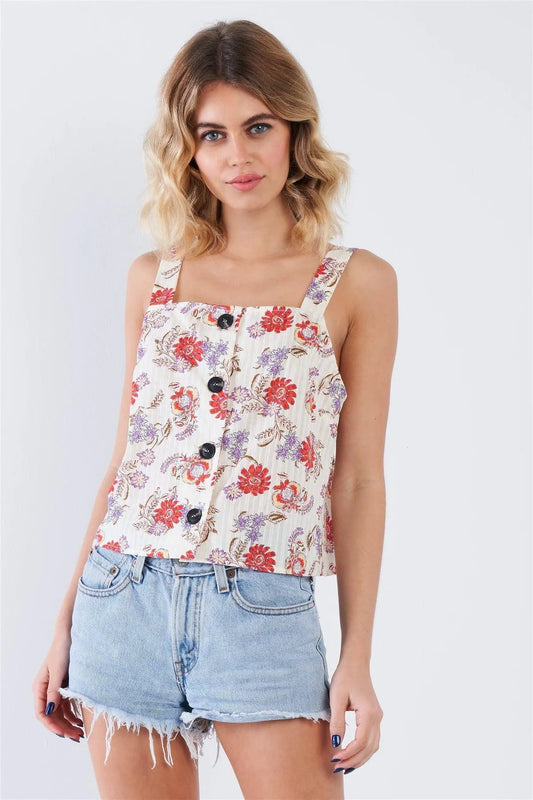 Cream Red Button Front Straight Neck Floral Tank Top /3-2-1 - Tasha Apparel Wholesale