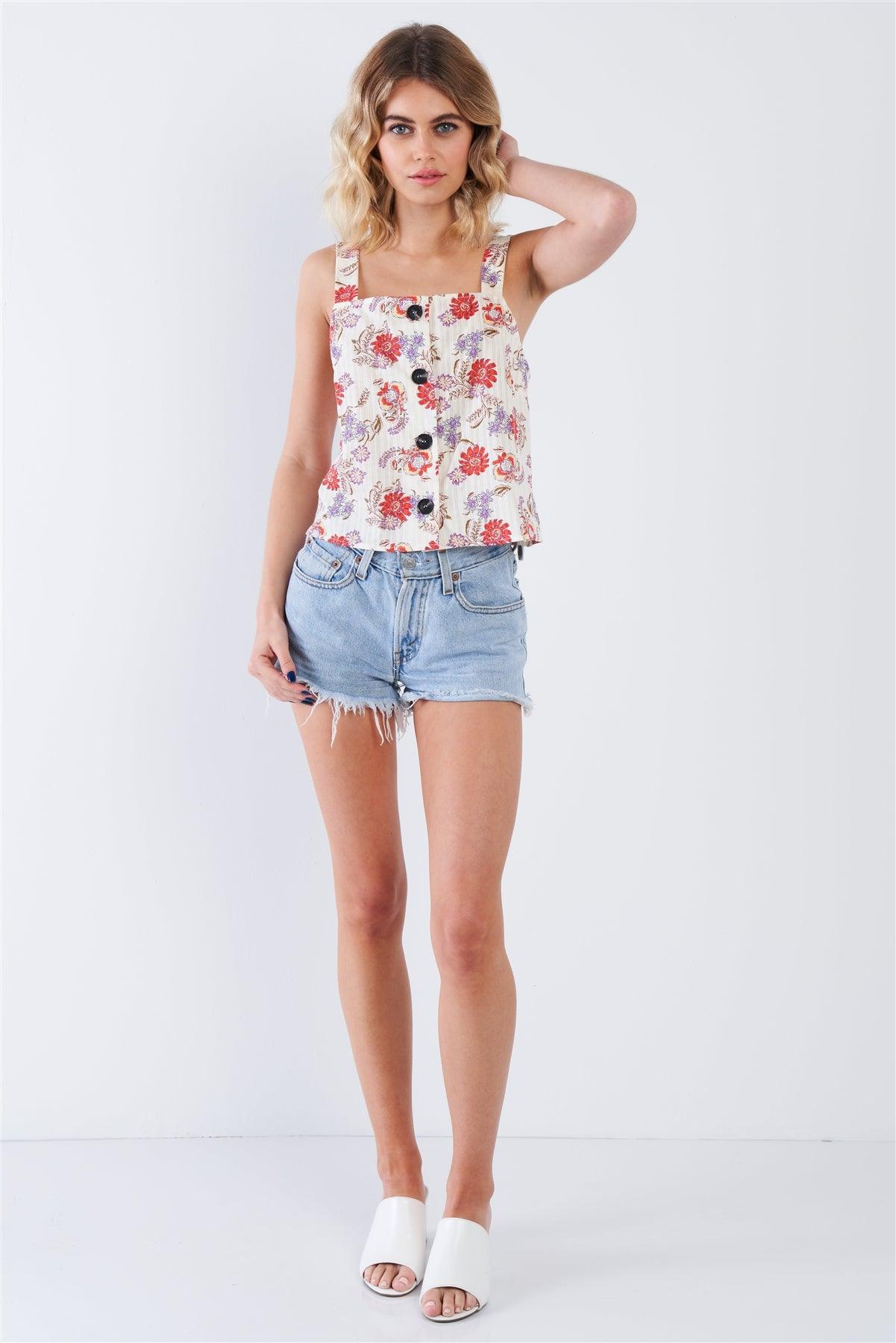 Cream Red Button Front Straight Neck Floral Tank Top /3-2-1