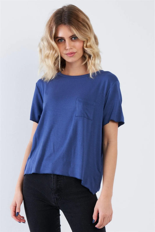 Blue Round Neck Short Sleeve Basic Tee /3-2-1 - Tasha Apparel Wholesale