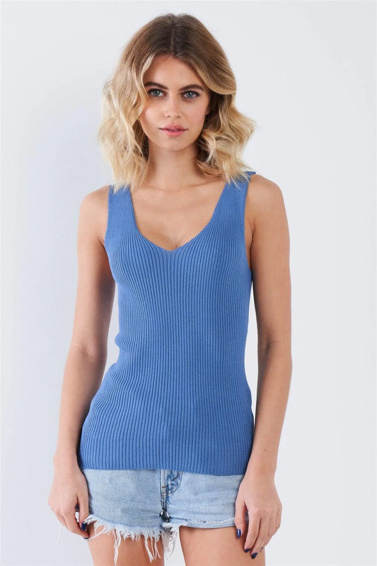 Dusty Blue Ribbed V-Neck Tank Top /2-2-1 - Tasha Apparel Wholesale