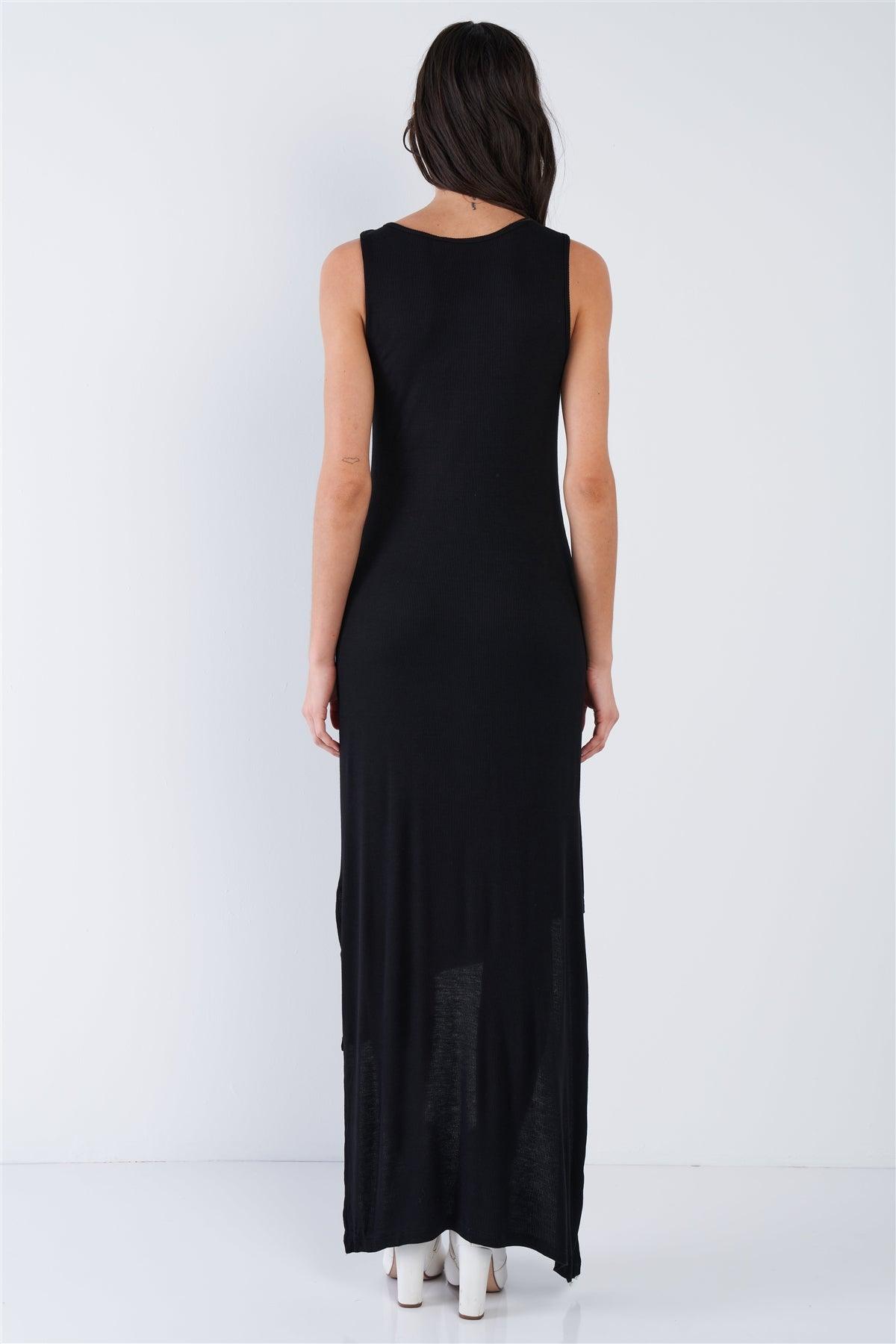 Black Ribbed Asymmetrical High-Low Maxi Dress /2-2-1