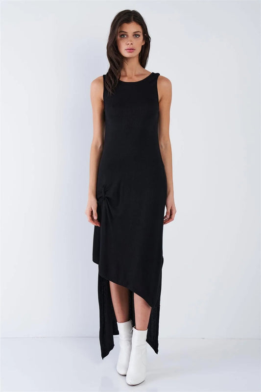 Black Ribbed Asymmetrical High-Low Maxi Dress - Tasha Apparel Wholesale