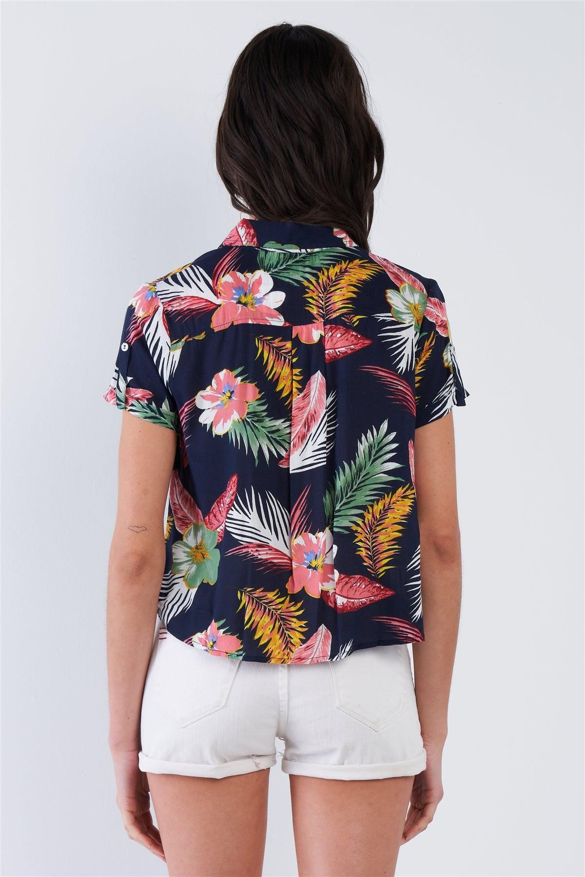 Navy Tropical Floral Print Button Down Short Sleeve Top  /2-2-1