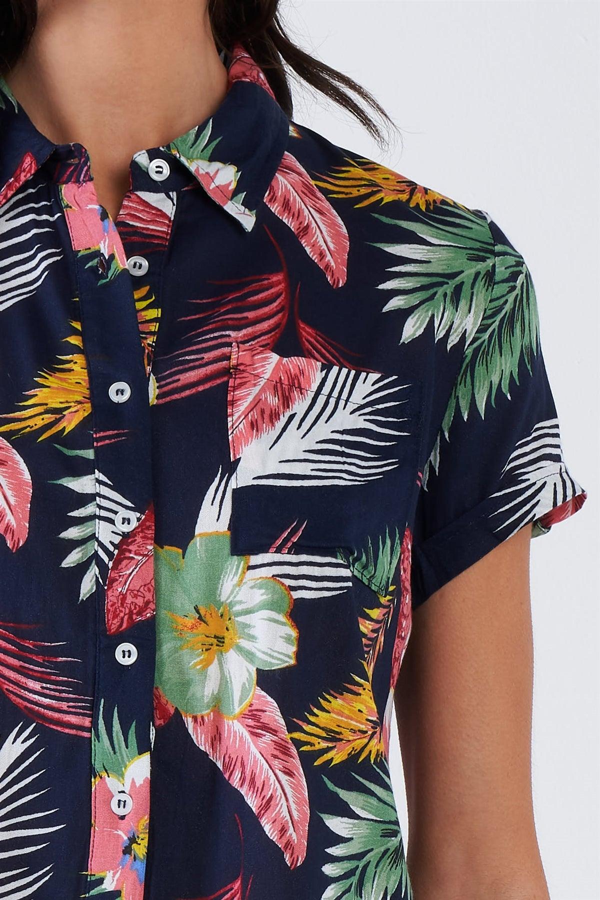 Navy Tropical Floral Print Button Down Short Sleeve Top  /2-2-1