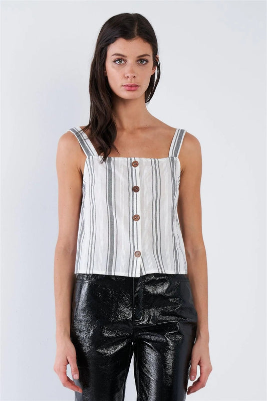 White & Black Stripe Front Button Tank Top /3-2-1 - Tasha Apparel Wholesale