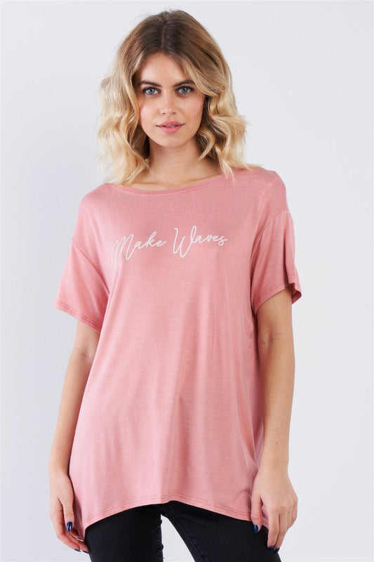 Pink "Make Waves" Logo Short Sleeve Asymmetrical Hem Top /3-2 - Tasha Apparel Wholesale