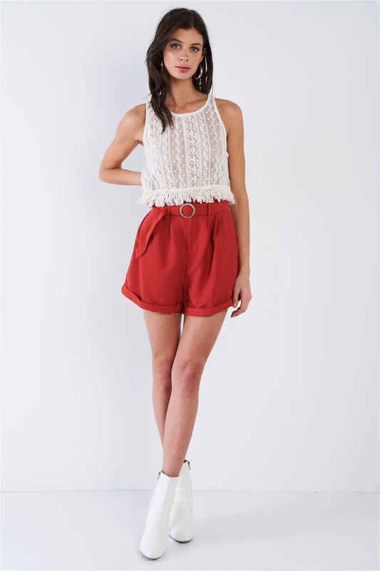 Spice Red Frill Trim High Waist Belted Boho Chic Shorts /3-2-1 - Tasha Apparel Wholesale