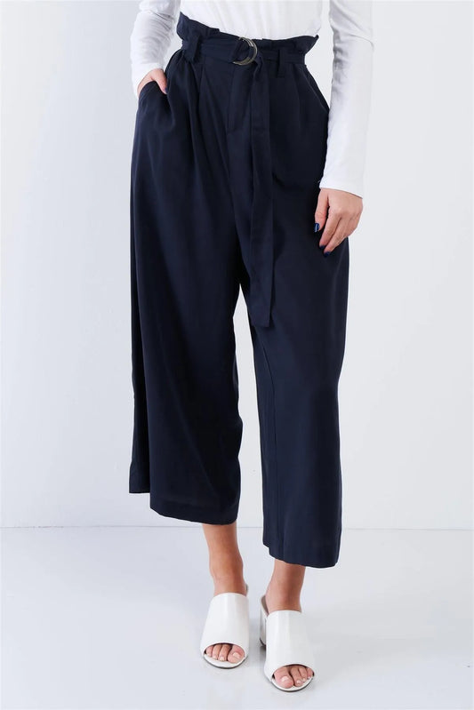 Navy High Waisted Wide Leg Office Chic Gaucho Pants /2-2-1 - Tasha Apparel Wholesale