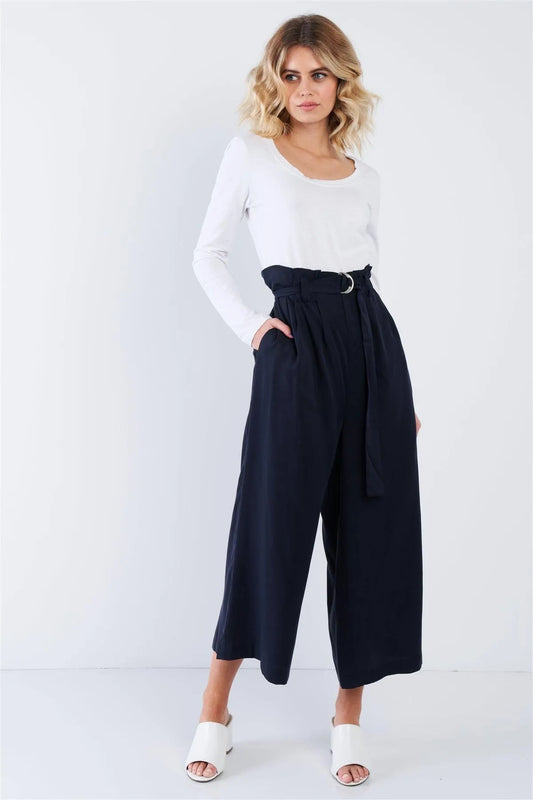 Navy High Waisted Wide Leg Office Chic Gaucho Pants /3-2-1 - Tasha Apparel Wholesale