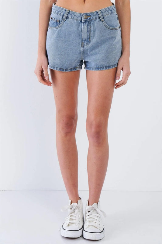 Light Blue Washed Denim Mini Casual Jean Shorts /2-2 - Tasha Apparel Wholesale